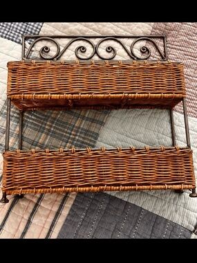 Two-Tier Wicker & Metal Basket Shelf – Farmhouse Organizer wrought iron